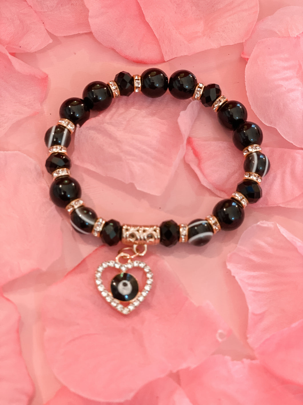 BLACK EVIL EYE HEART CHARM BRACELET